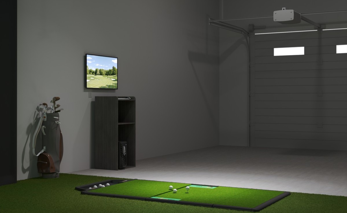 Short-throw projector mounted above a golf simulator bay